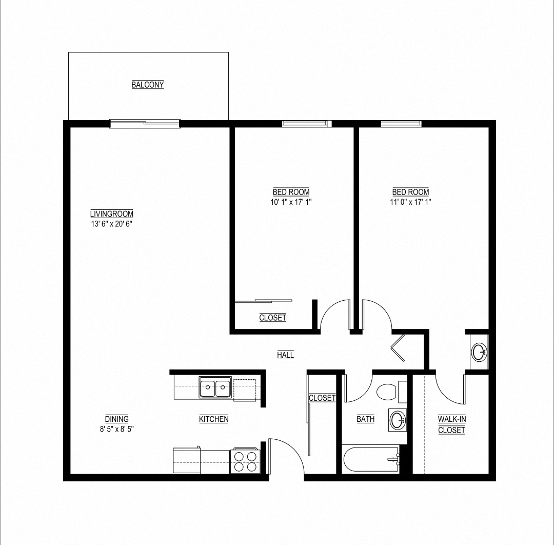 Floor plan for 2 beds, 1 bath, 1039 sqft
